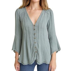 Free People Boho Button-Down Blouse Size Small Green Flowy